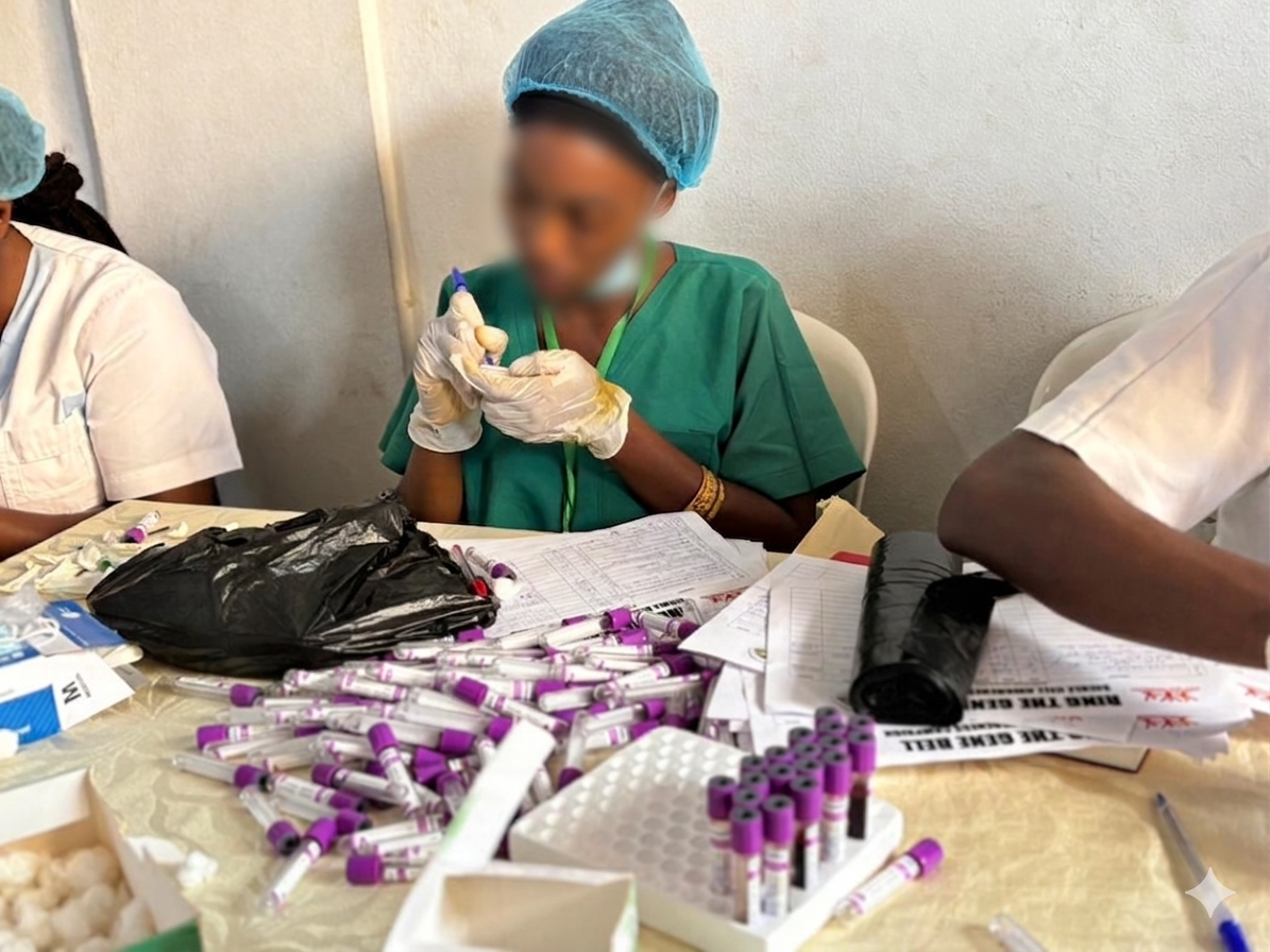 Clinical station with blood collection tubes and staff during a donation or testing event
